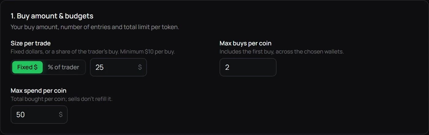 Maya buy rules showing fixed trade size, maximum buys per coin and total spend per coin